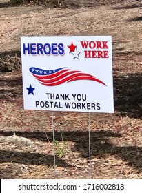 Spokane, WA/USA - April 2020: Heroes Work Here Sign As A Thank You To Postal Workers Is Displayed Outside Of The Post Office 