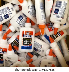 Spokane, WA/USA - August 2019: Close View Of Pile Of Elmer’s School Glue - Back To School Supplies Concept