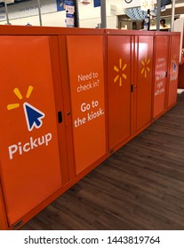 Spokane, WA/USA - July 2019: Walmart Self Serve Check Out And Call In For Pickup Center For Customers