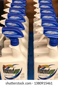 Spokane, WA/USA - March 2019: Rows Of Round Up Weed And Grass Killer Are Displayed At A Retail Store. Round Up Contains Glyphosate Which May Be Linked To Potential Cancer Concerns