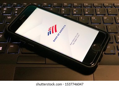 Spokane, WA/USA - October 2019:  Bank of America app is open on a smartphone.  Bank of America is an American multinational investment bank and financial services company.