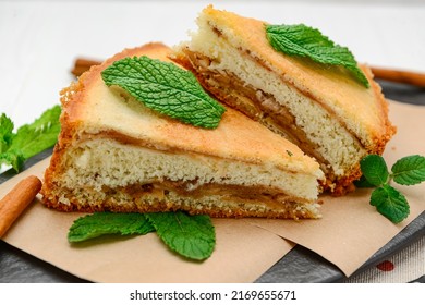 Sponge Cake With Apples On A White Background. Healthy Food