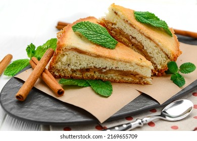 Sponge Cake With Apples On A White Background. Healthy Food