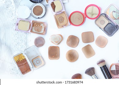 Sponge And Makeup Brushes Used To Be Old And Dirty. On A White Background Isolated.