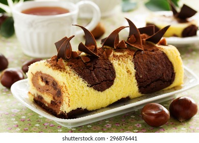 Sponge Roll With Chocolate And Chestnut Cream.