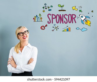 Sponsor Text With Business Woman On A Gray Background