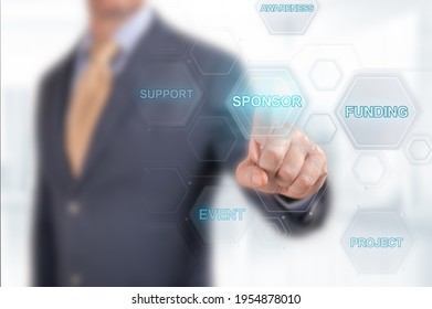 Sponsorship Concept On Business Presentation With Sponsor In The Background. Sponsor Concept With Hand Pressing A Button On Blurred Background. Become A Sponsor. Investment, Business Concept.