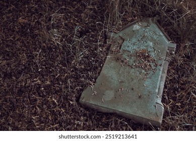 Spooky abandoned 100 years old tombstone fallen on the ground of a cemetery. It seems like the ground is going to swallow de gravestone. Personally identifiable information has been remove or change. - Powered by Shutterstock