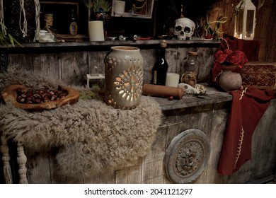 Spooky Background With Voodoo Altar, Halloween Decoration.