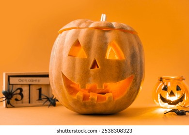 Spooky creepy glowing carved halloween pumpkin on the orange background. Jack o lantern next to wooden block calendar with the date October 31 surrounded with spiders. Happy Halloween background - Powered by Shutterstock