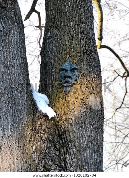 Spooky Face Decoration Hanging On Tree Stock Photo Edit Now