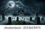 A spooky graveyard under a full moon, with eerie mist floating over the headstones. Dark, haunting atmosphere perfect for Halloween or horror themes