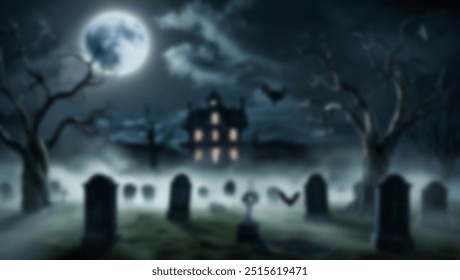 A spooky graveyard under a full moon, with eerie mist floating over the headstones. Dark, haunting atmosphere perfect for Halloween or horror themes