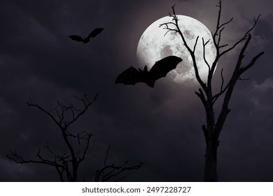 Spooky halloween background with silhouette dead tree at night full moon - Powered by Shutterstock