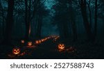 A spooky Halloween evening scene set in a dimly lit forest, with glowing jack-o