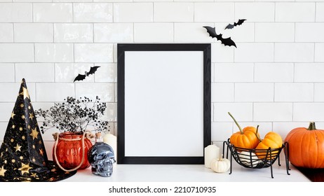 Spooky Halloween Home Interior With Black Picture Frame, Halloween Decorations, Pumpkins. Happy Halloween Poster Mockup.