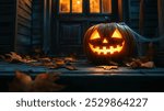 spooky Halloween scene featuring carved pumpkin glowing on porch surrounded by autumn leaves. warm light creates inviting yet eerie atmosphere.