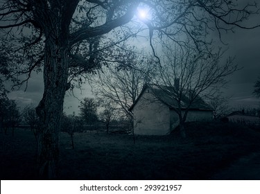 Spooky House In The Forest At Night