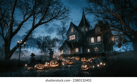 Spooky house on halloween night. Haunted house in night scary forest - Powered by Shutterstock