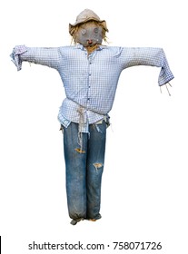 Spooky Isolated Scarecrow With Hat And Button Eyes On White Background