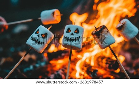 Spooky marshmallows with painted skull faces are roasted over a crackling campfire, perfect for halloween.