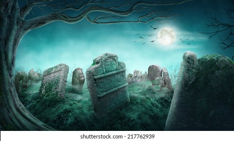 Spooky Old Graveyard At Night