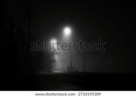 A spooky path through a park with a bench on an atmospheric foggy mysterious night, UK