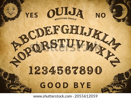 Spooky planchette of Ouija Board on vintage texture. Poster with game of ghosts. Halloween play with calling souls and demons. Party poster. Graphic, typography, alphabet, letters, numbers.