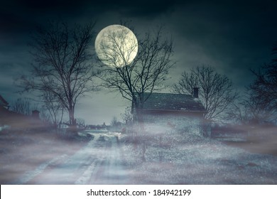 Spooky Scene Of Haunted House And Moon