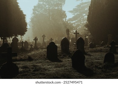 A spooky Victorian graveyard. With graves silhouetted by fog on a mysterious creepy winters night. - Powered by Shutterstock