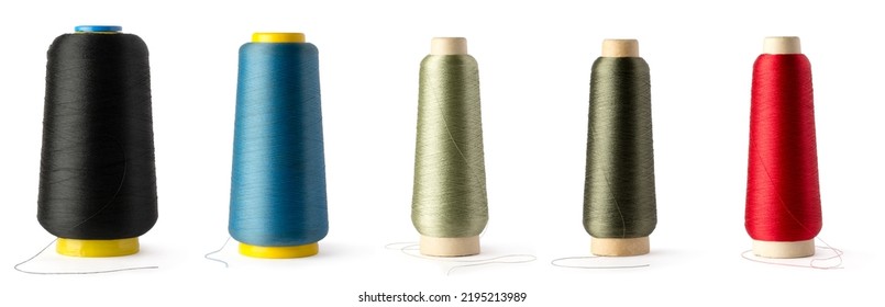spool of colorful color sewing thread used in fabric and textile industry isolated on white background, collection