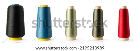 spool of colorful color sewing thread used in fabric and textile industry isolated on white background, collection
