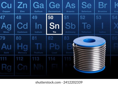 Spool of soft solder wire, and element tin on the periodic table. A soft metal, easy to bend and to cut. Tin is a chemical element with Symbol Sn, from Latin stannum, and with atomic number 50.