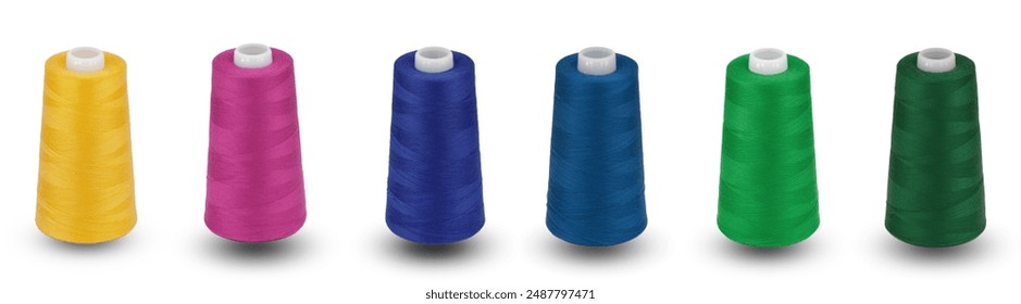 Spool thread collection. Rainbow colors thread isolated. Thread plastic spool. Collection of cutout threads. Vibrant vivid colors. Sew threads. Colorful hobby background. Tailor shop. Set of threads.