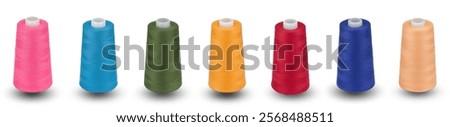 Spool thread collection. Rainbow colors thread isolated. Thread plastic spool. Collection of cutout threads. Vibrant vivid colors. Sew threads. Colorful hobby background. Tailor shop. Set of threads.	
