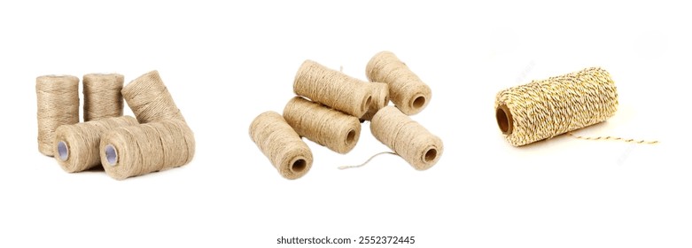 Spools of natural twine, coiled thread with various colors and textures, ideal for crafting, packaging, and decorative projects, featured in a clean, minimal display.