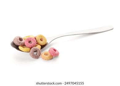 Spoon with colorful sweet cereal rings on white background - Powered by Shutterstock