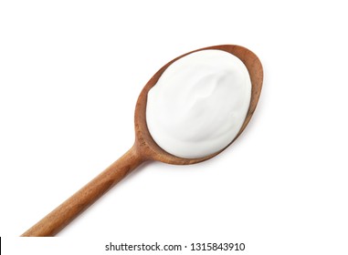 Spoon With Creamy Yogurt On White Background, Top View