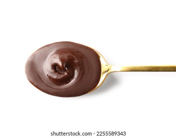 Spoon of delicious chocolate pudding isolated on white background