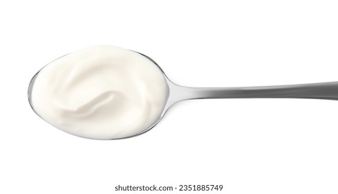 Spoon with delicious sour cream isolated on white, top view