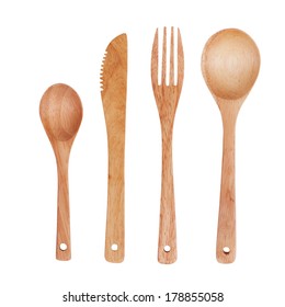 Spoon, Fork And Knife, Made Ã?Â¢??Ã?Â¢??of Wood, On A White Background