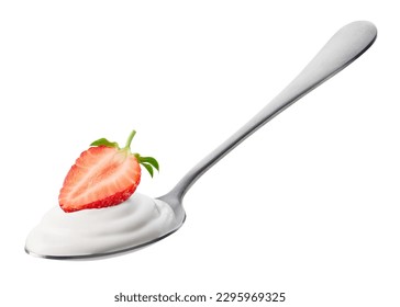 Spoon of fresh greek yogurt and strawberry isolated on white background - Powered by Shutterstock