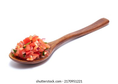 Spoon Full Of Tomato Salsa Dip Isolated On White Background