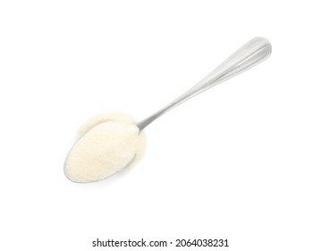 Spoon With Gelatin Powder Isolated On White, Top View