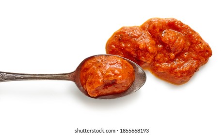 Spoon Of Homemade Pizza Sauce Isolated On White Background, Top View