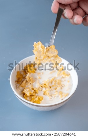 A spoon lifting a portion of crispy cornflakes soaked in milk from a bowl. A delicious and classic breakfast moment, perfect for food, nutrition, and healthy eating concepts.