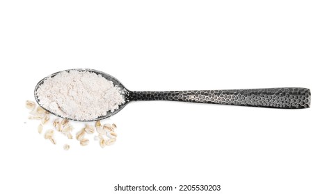 Spoon Of Oatmeal Flour And Flakes On White Background, Top View