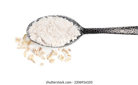 Spoon Of Oatmeal Flour And Flakes On White Background, Top View