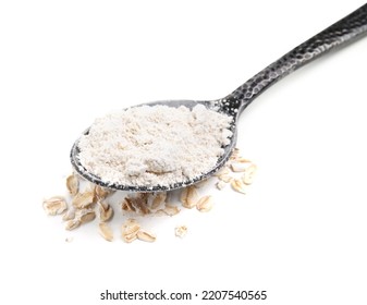 Spoon Of Oatmeal Flour And Flakes On White Background