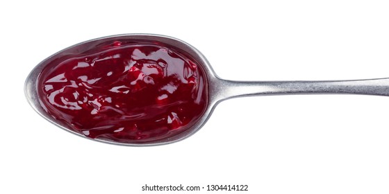 Spoon Of Red Berry Jam Isolated On White Background, Sweet Cherry Jam, Top View